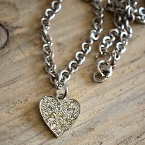 Artisan Created Rhinestone Encrusted Heart Rhodium Plated Chunky Chain Necklace
